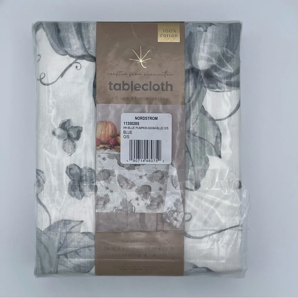 Nordstrom Tablecloth 100% Cotton Fall Harvest Pumpkins White Gray NEW NWT N198
